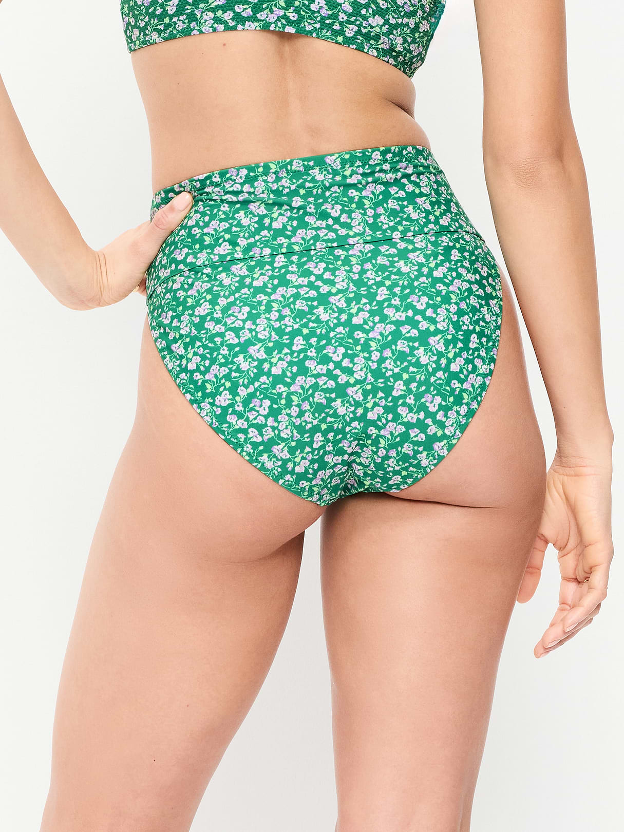 High-Waisted Cinched Bikini Swim Bottoms - Green Floral