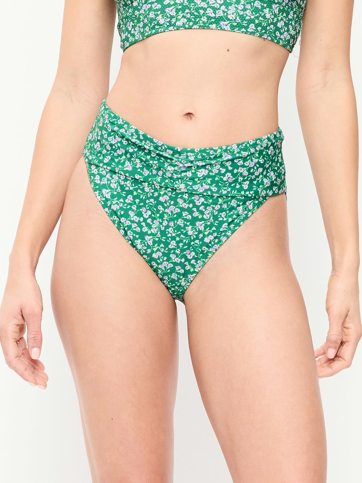 High-Waisted Cinched Bikini Swim Bottoms - Green Floral