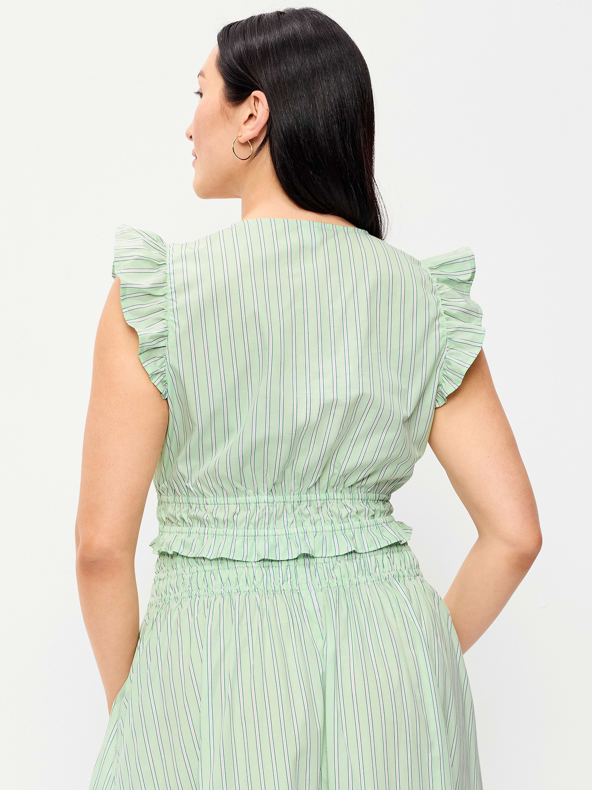 Flutter-Sleeve Poplin Top - White/Green Stripe