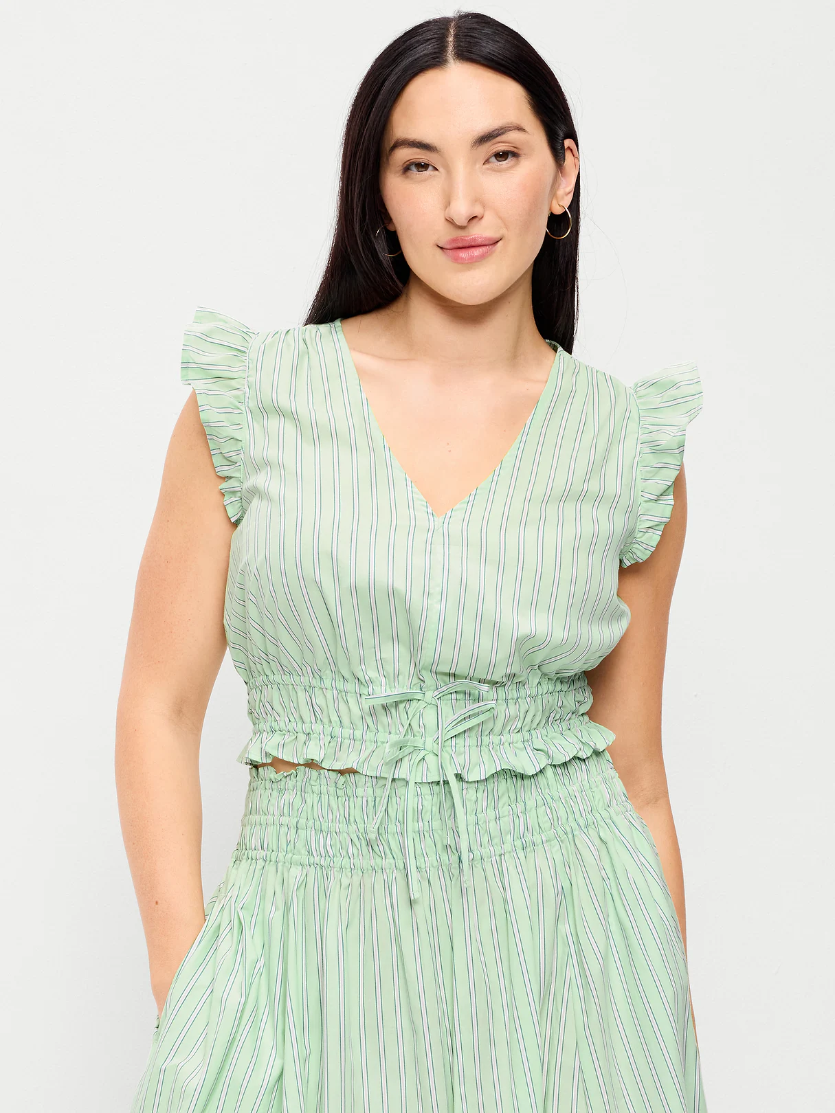 Flutter-Sleeve Poplin Top - White/Green Stripe