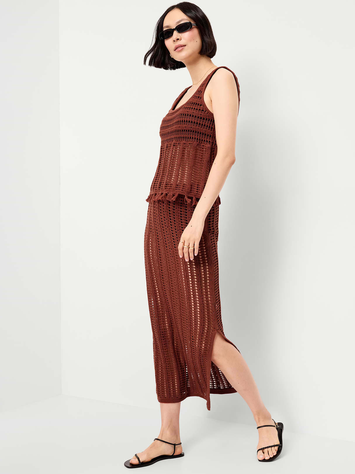 Open-Weave Seaside Cotton Fringe Tank Top - Russet Moon