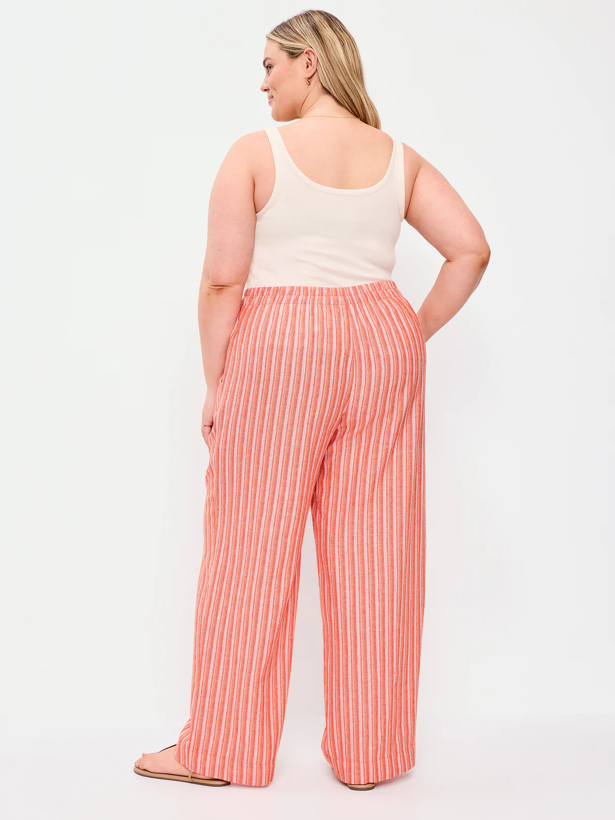 High-Waisted Linen-Blend Super Wide-Leg Pants - Orange Stripe
