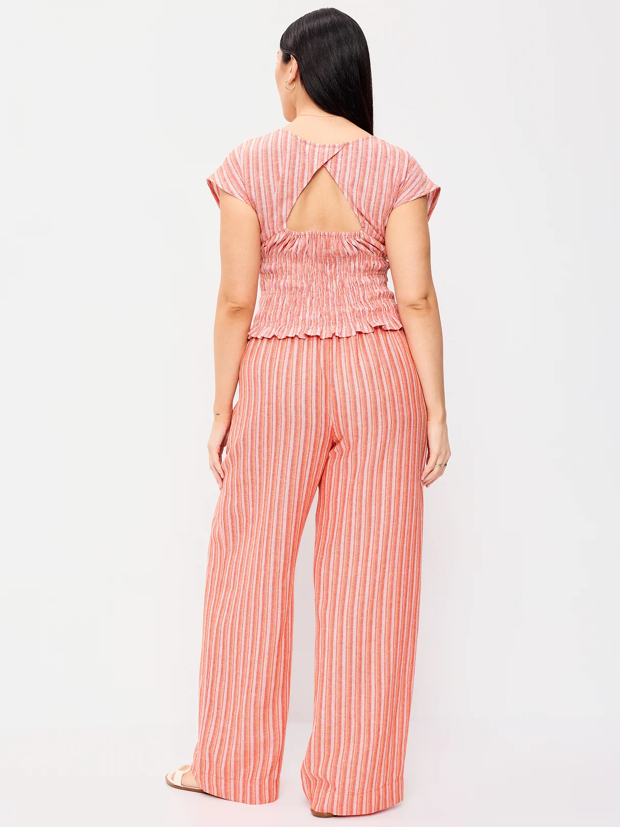 High-Waisted Linen-Blend Super Wide-Leg Pants - Orange Stripe
