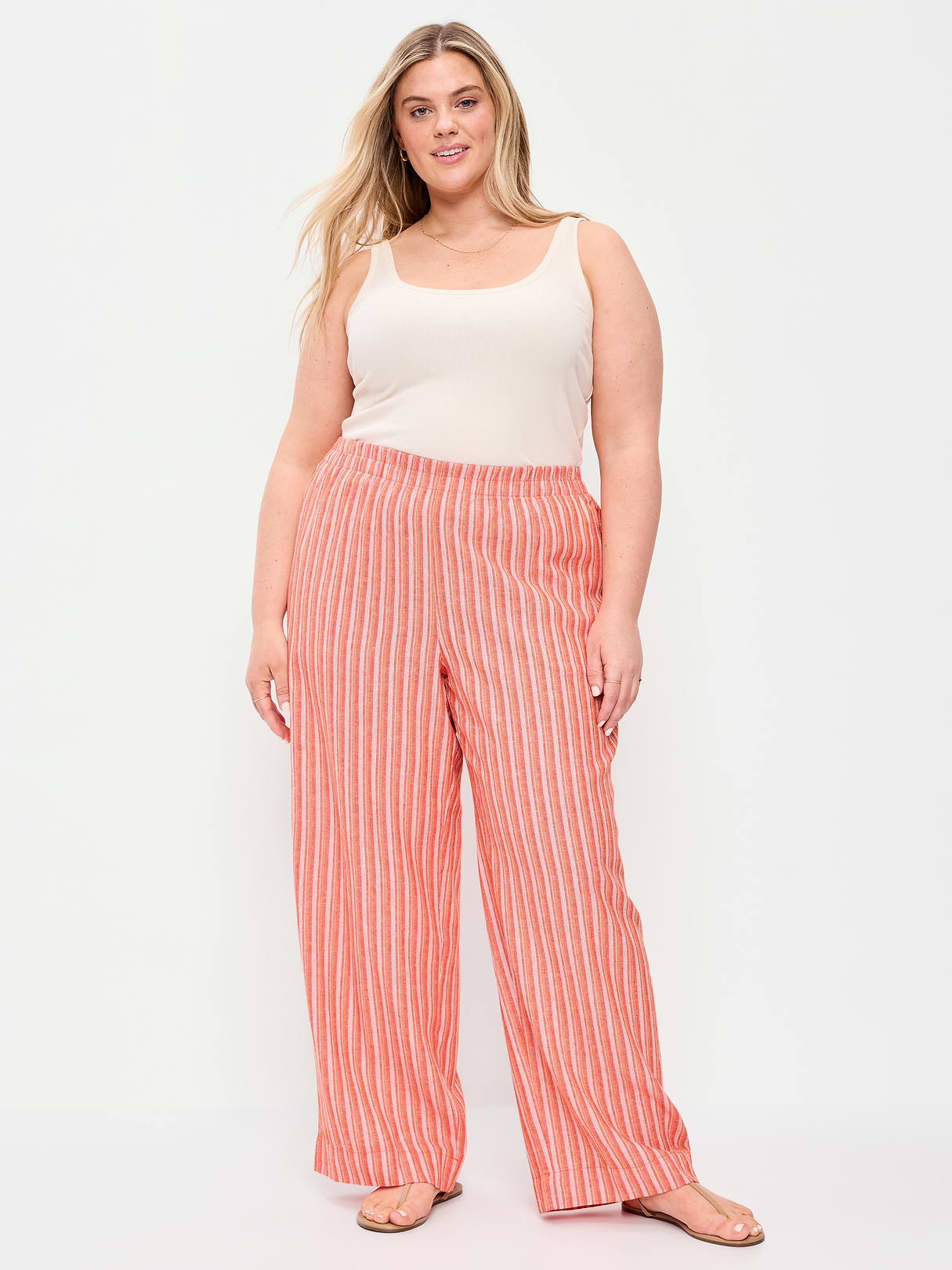 High-Waisted Linen-Blend Super Wide-Leg Pants - Orange Stripe