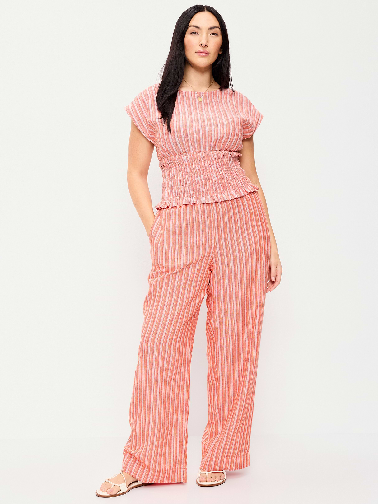 High-Waisted Linen-Blend Super Wide-Leg Pants - Orange Stripe
