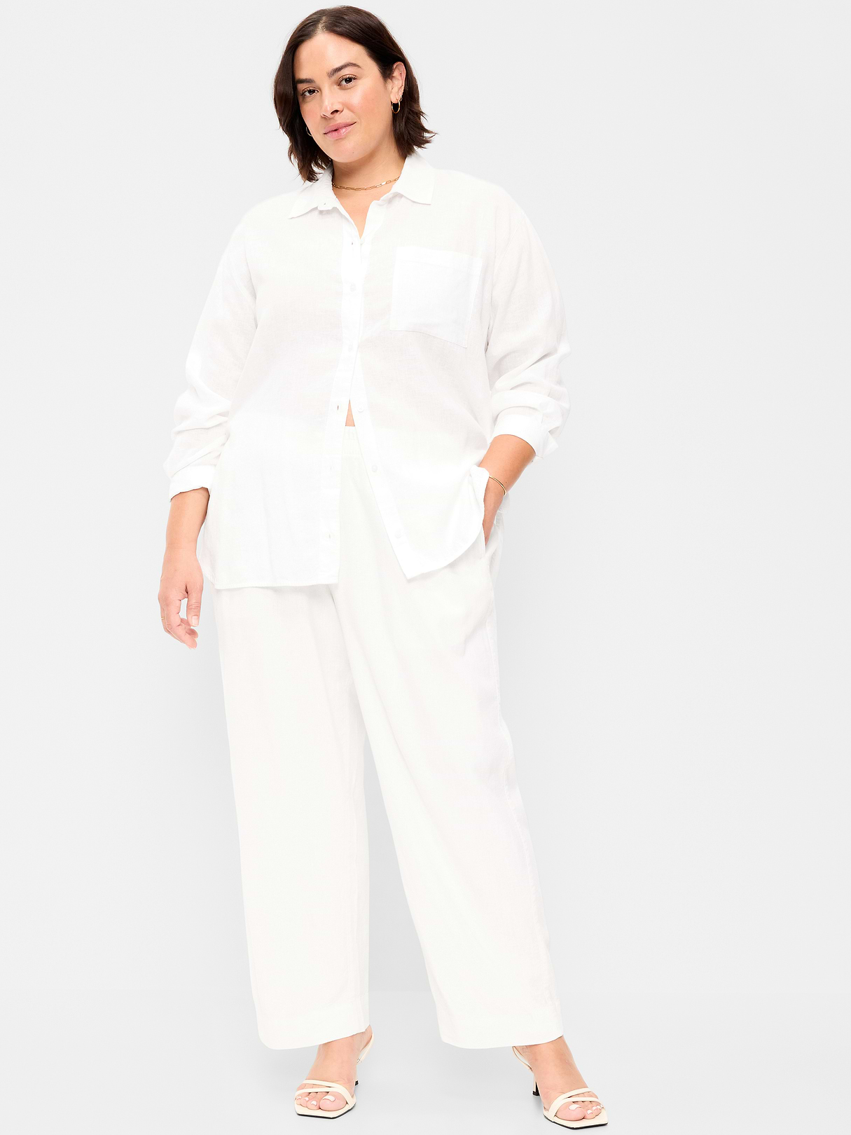 High-Waisted Linen-Blend Straight Ankle Pants - White Lilies