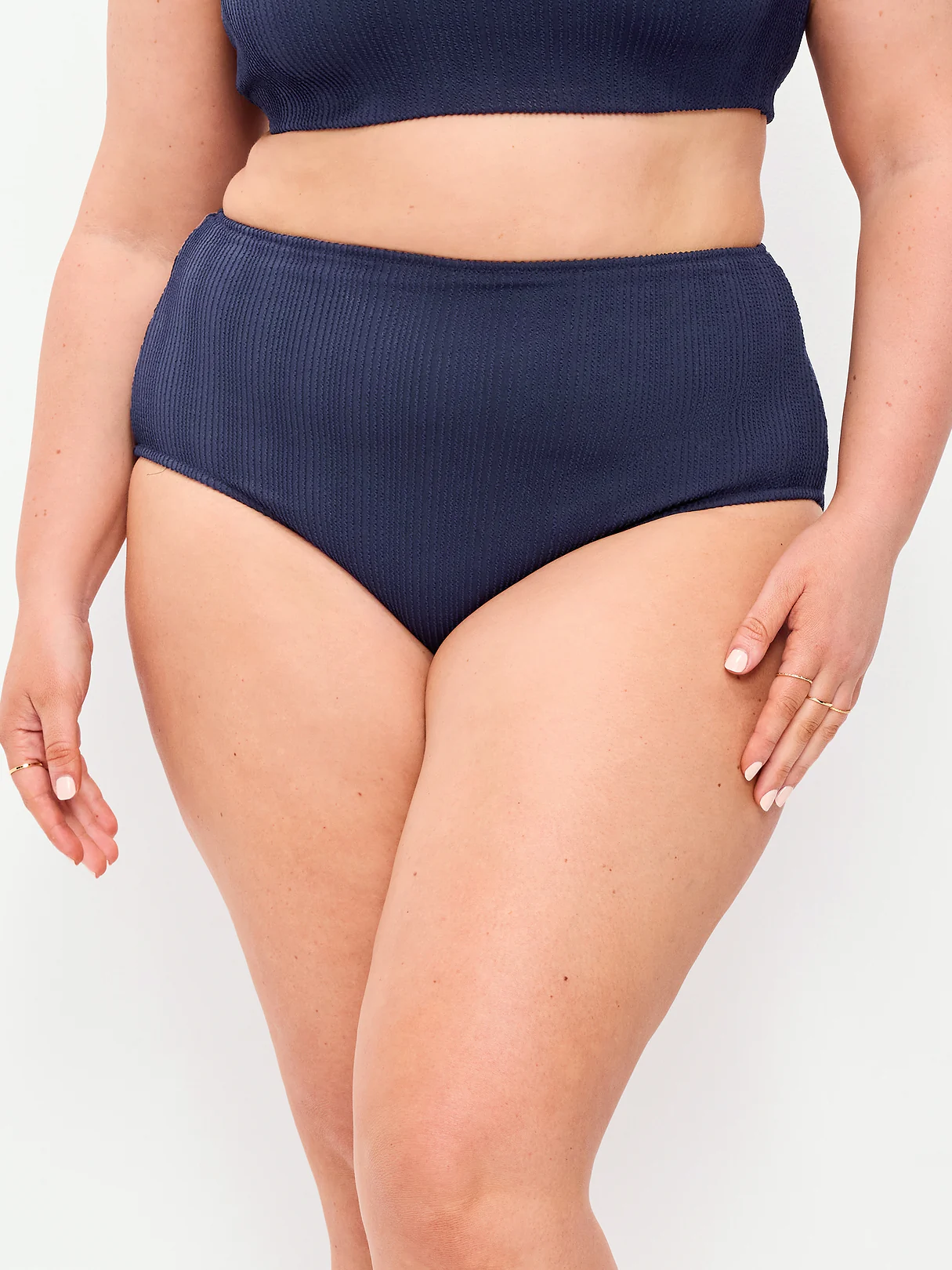 High-Waisted Ribbed Bikini Swim Bottoms - Lost at Sea Navy