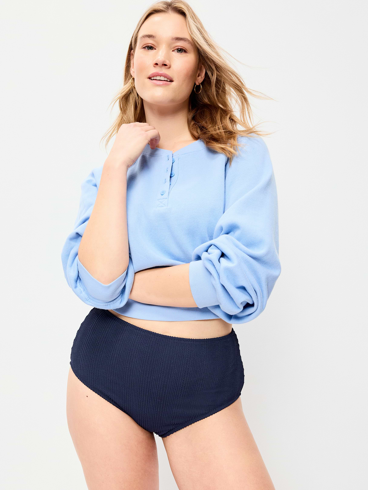 High-Waisted Ribbed Bikini Swim Bottoms - Lost at Sea Navy
