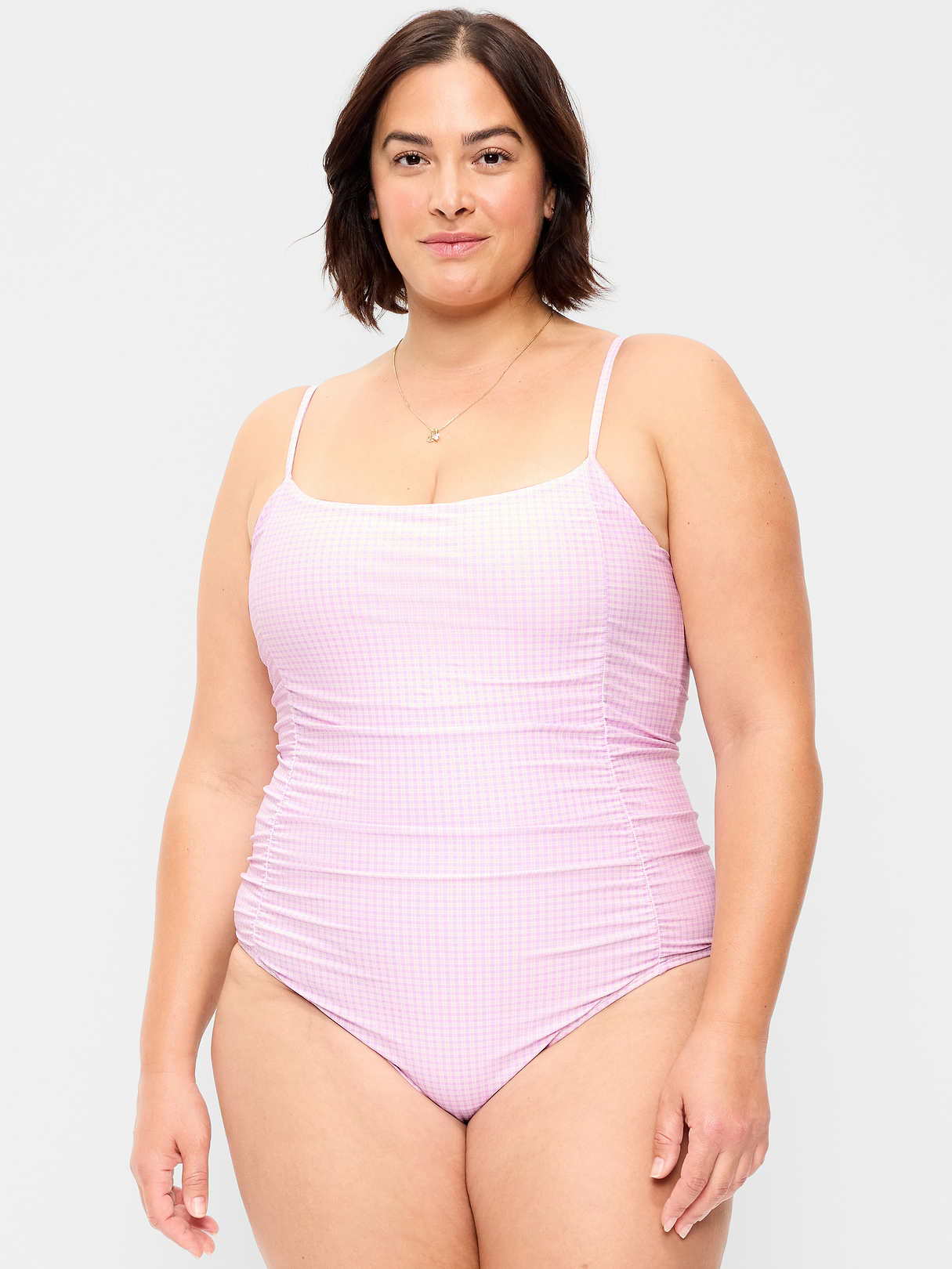 Ruched One-Piece Swimsuit - Purple Gingham