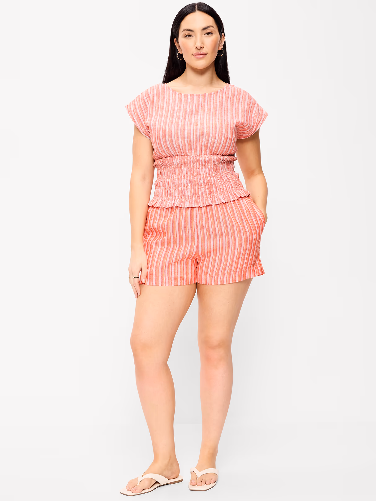High-Waisted Beach Linen Pull-On Shorts - Orange Stripe