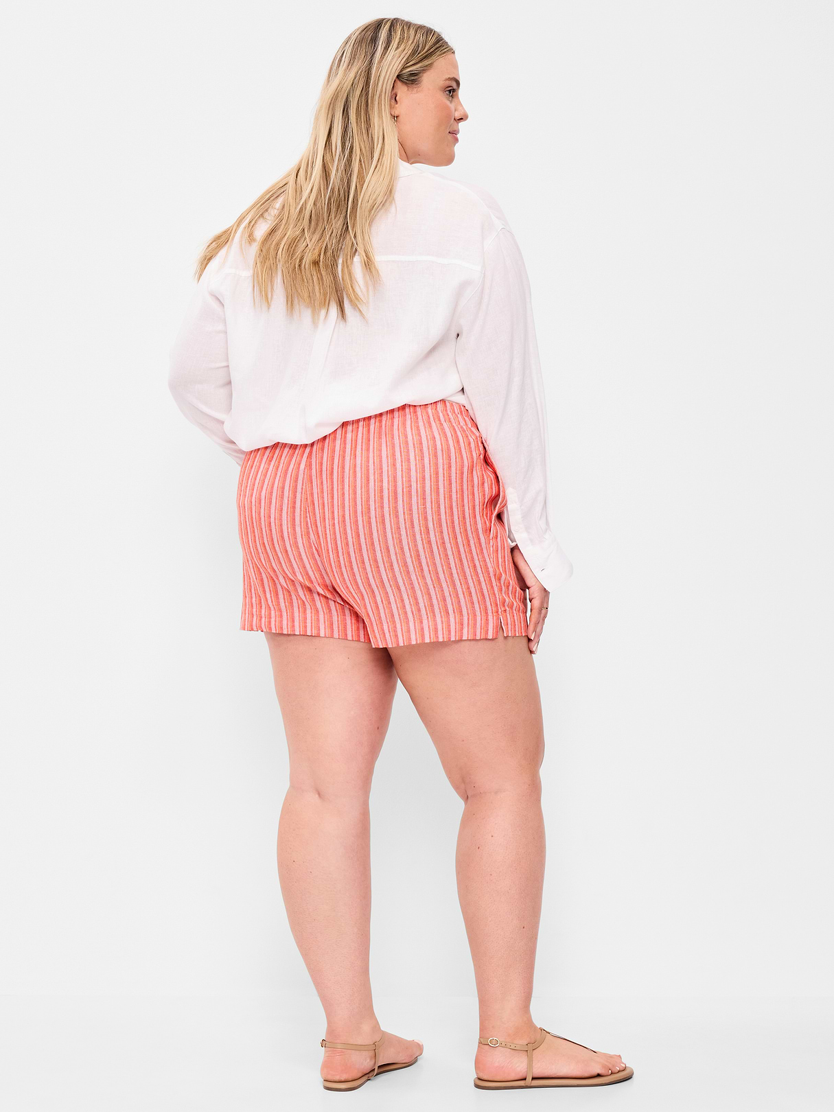 High-Waisted Beach Linen Pull-On Shorts - Orange Stripe