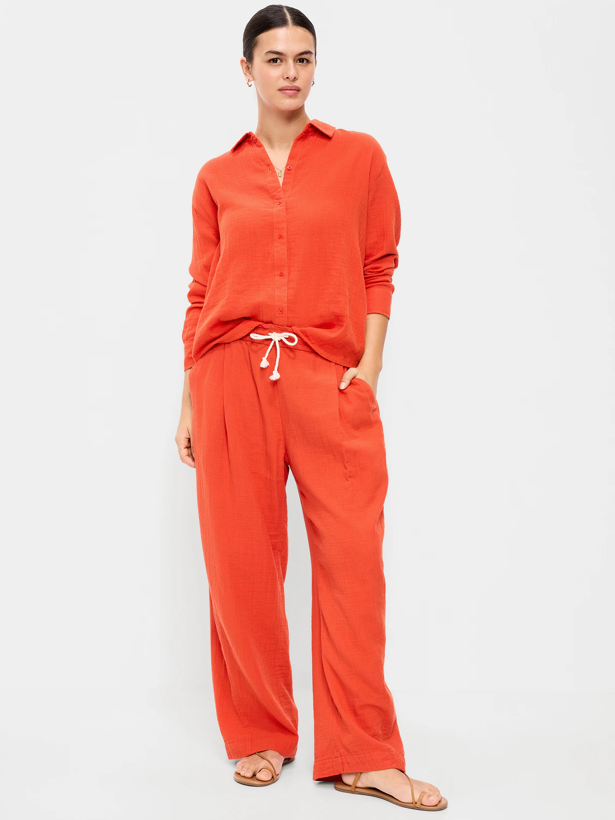 High-Waisted Crinkle Gauze Barrel Ankle Pants - Ornament Orange
