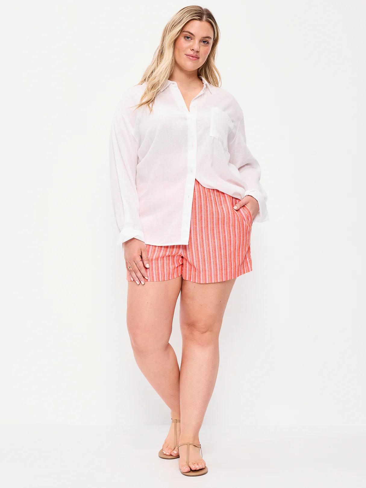High-Waisted Beach Linen Pull-On Shorts - Orange Stripe