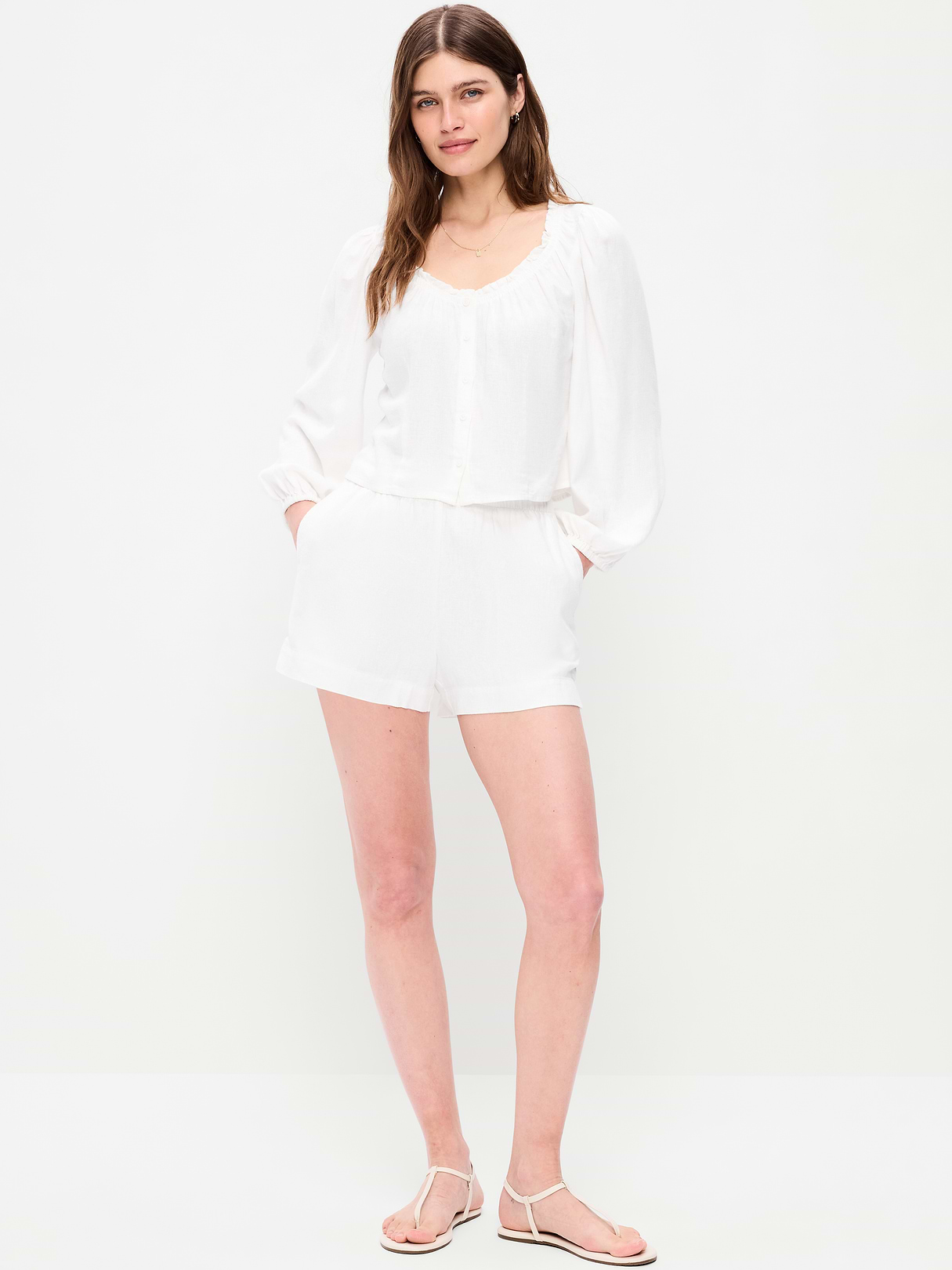 High-Waisted Beach Linen Pull-On Shorts - White Lilies