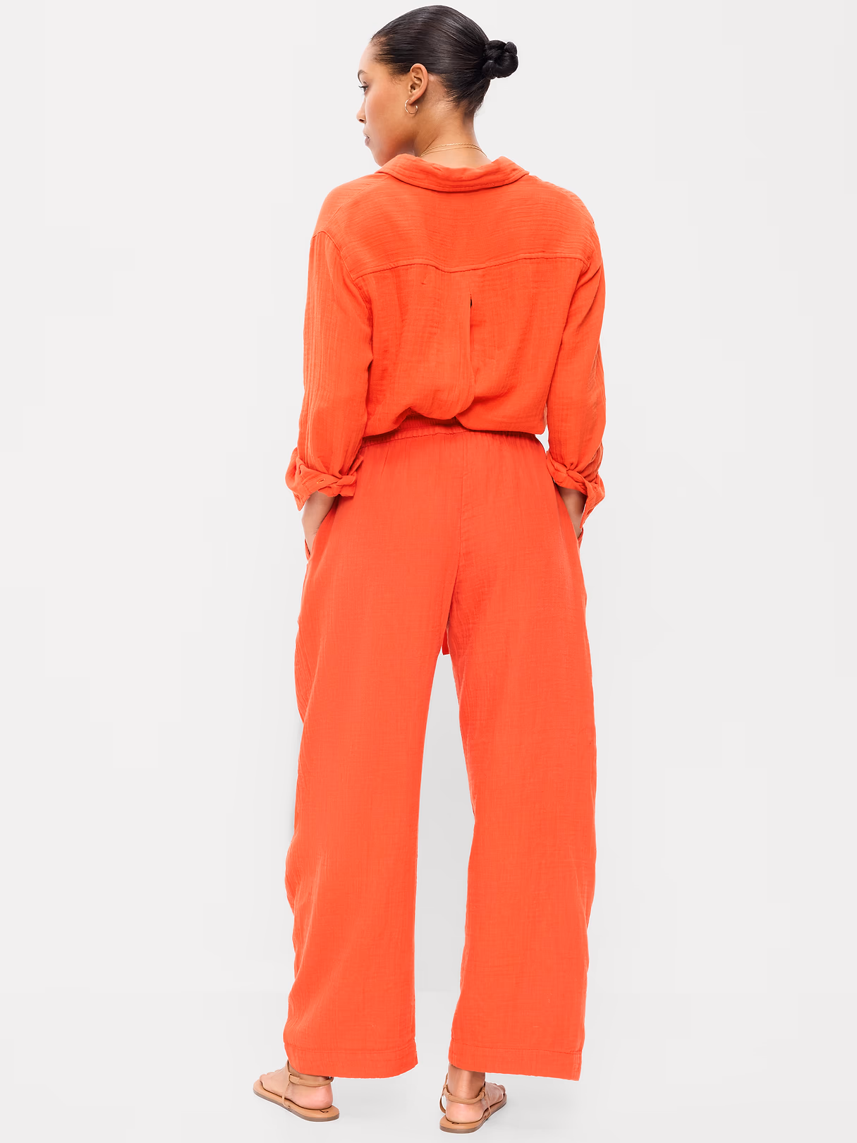 High-Waisted Crinkle Gauze Barrel Ankle Pants - Ornament Orange