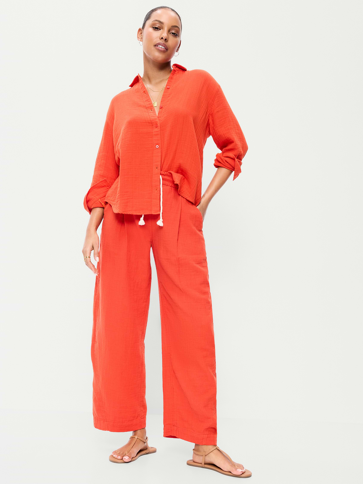 High-Waisted Crinkle Gauze Barrel Ankle Pants - Ornament Orange