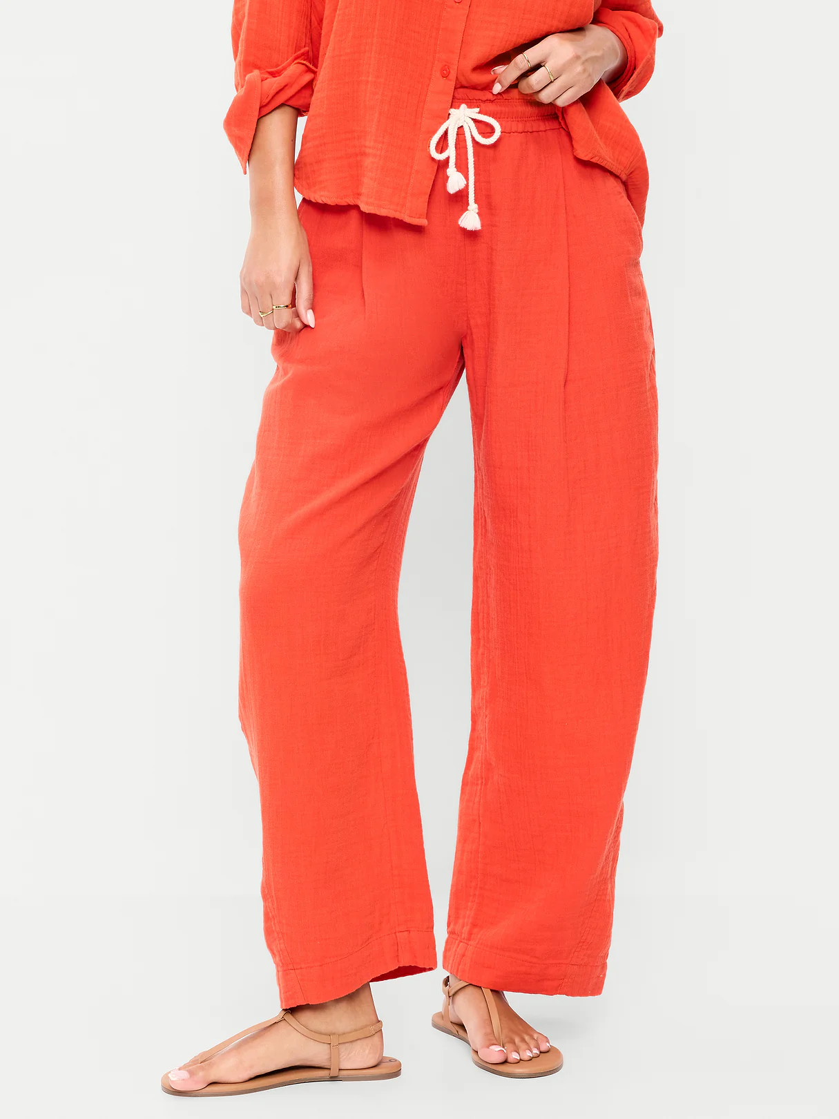 High-Waisted Crinkle Gauze Barrel Ankle Pants - Ornament Orange