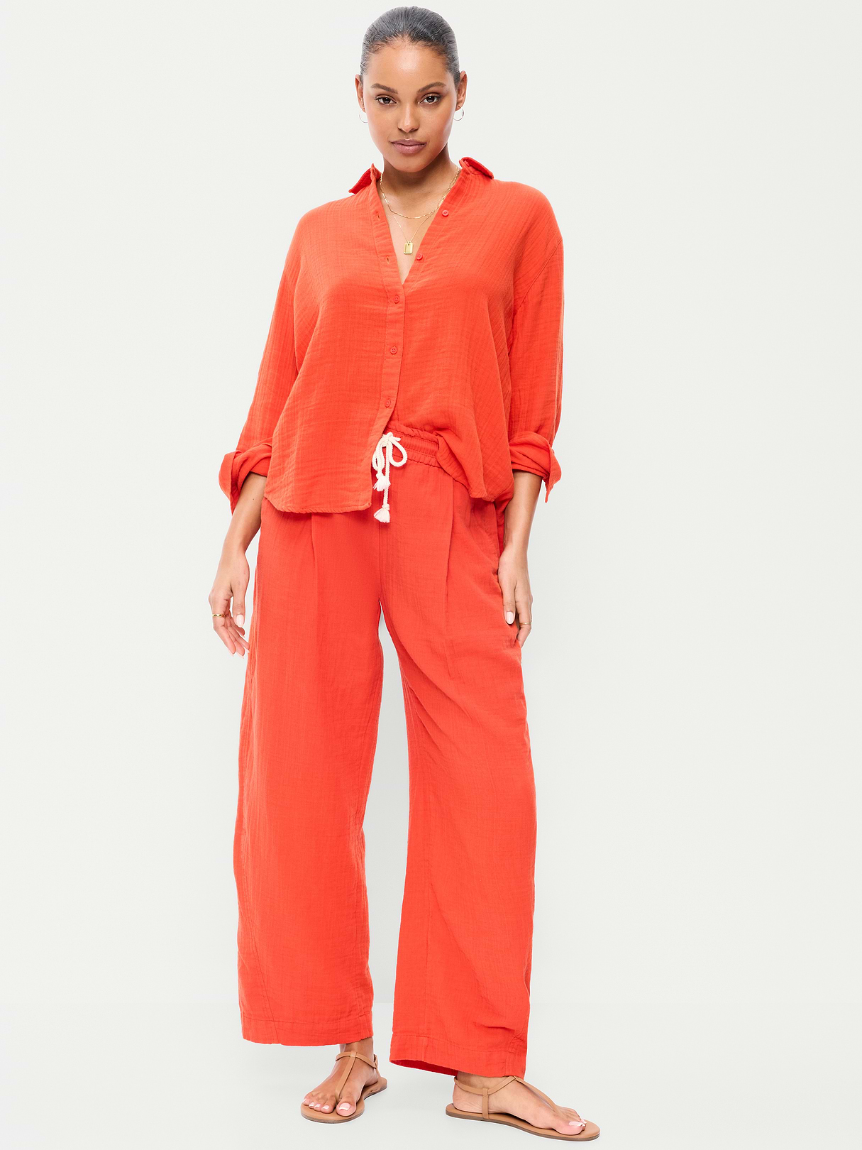 High-Waisted Crinkle Gauze Barrel Ankle Pants - Ornament Orange