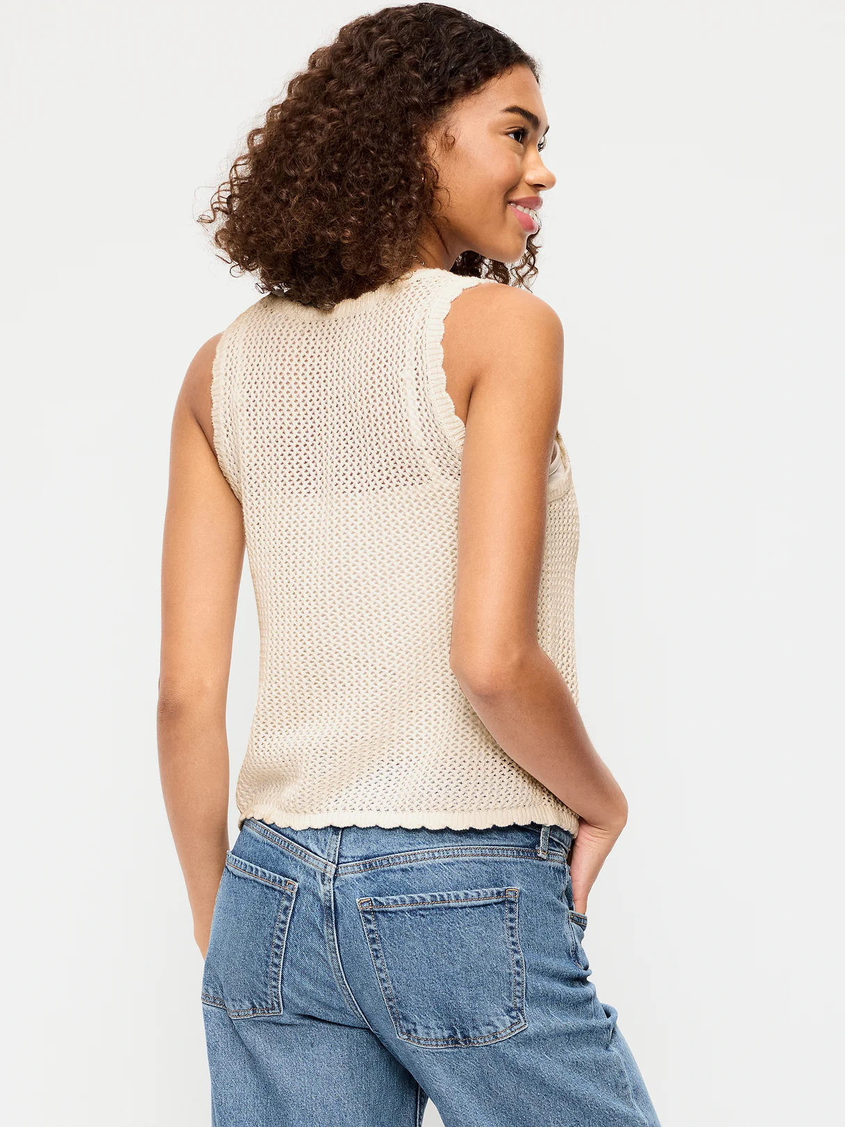 Sleeveless Seaside Cotton Crochet Tank Top - Sea Salt