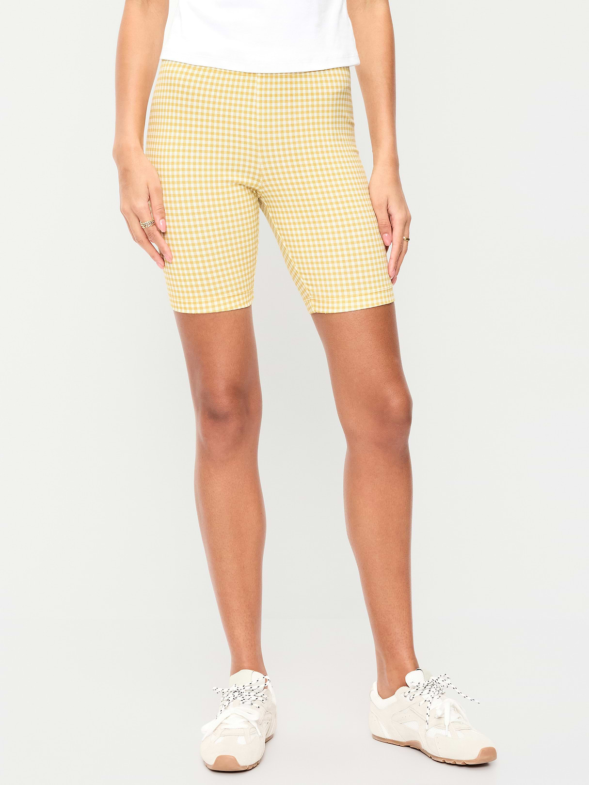 High-Waisted Cotton Biker Shorts -- 8-inch inseam - Yellow Gingham