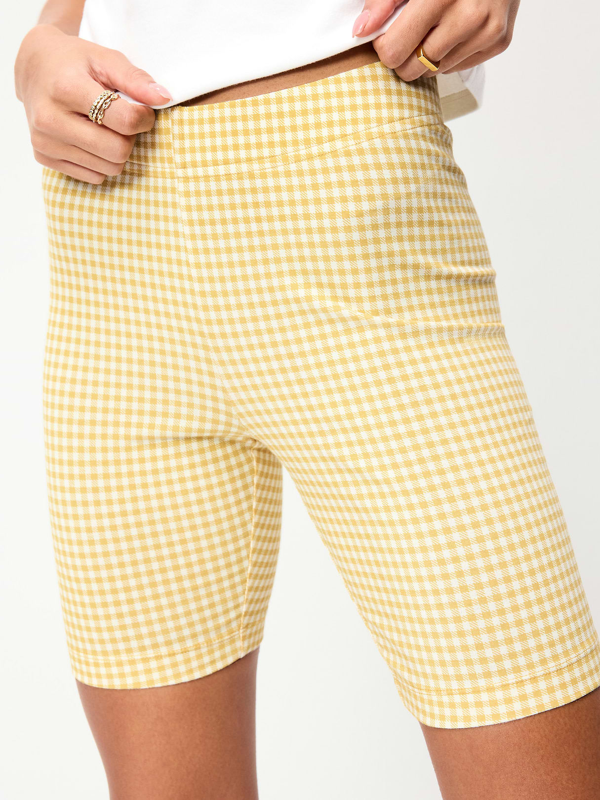 High-Waisted Cotton Biker Shorts -- 8-inch inseam - Yellow Gingham