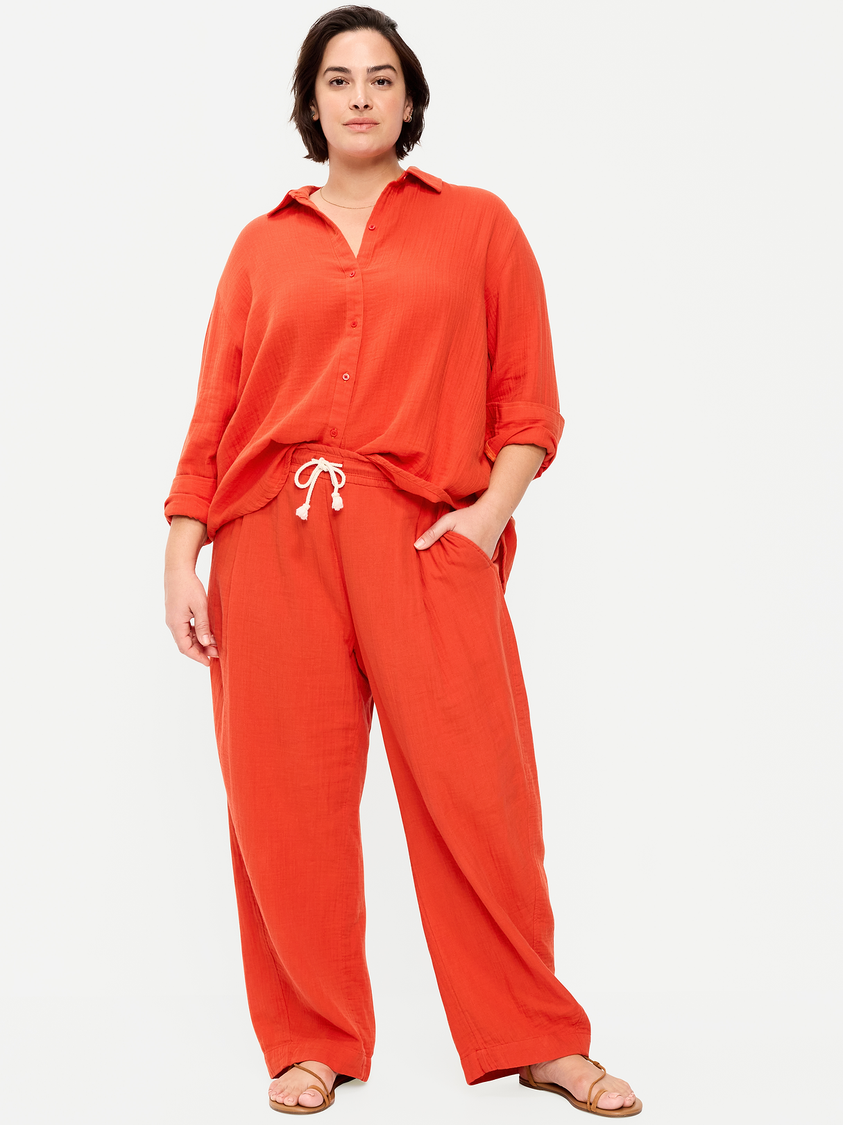 High-Waisted Crinkle Gauze Barrel Ankle Pants - Ornament Orange