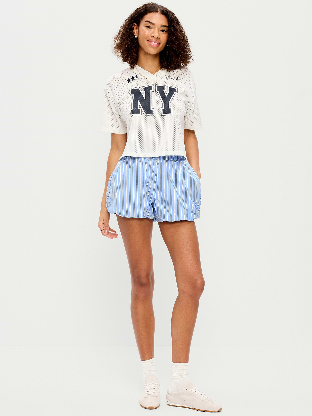Poplin Bubble Hem Shorts - Blue Stripe
