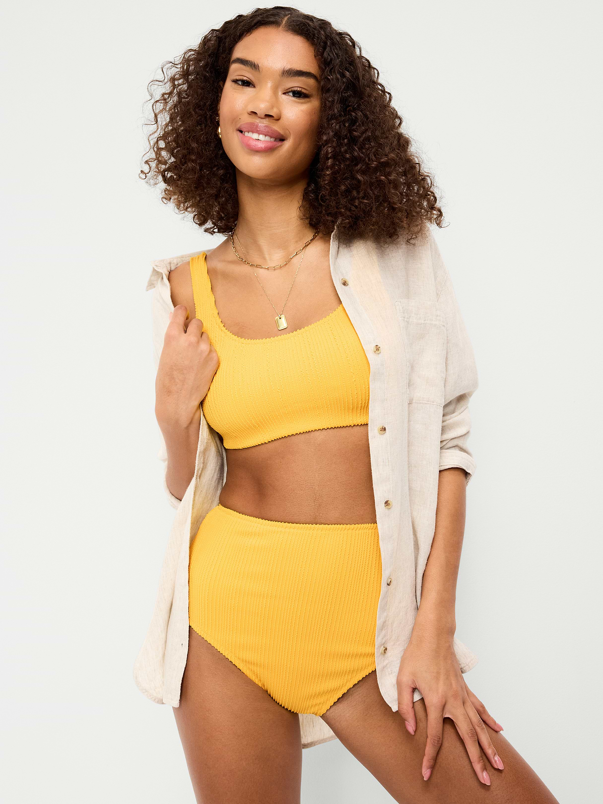 High-Waisted Ribbed Bikini Swim Bottoms - Golden Yarrow