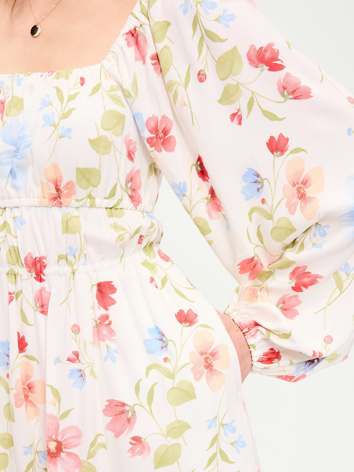 Long-Sleeve Square-Neck Mini Dress - White Floral