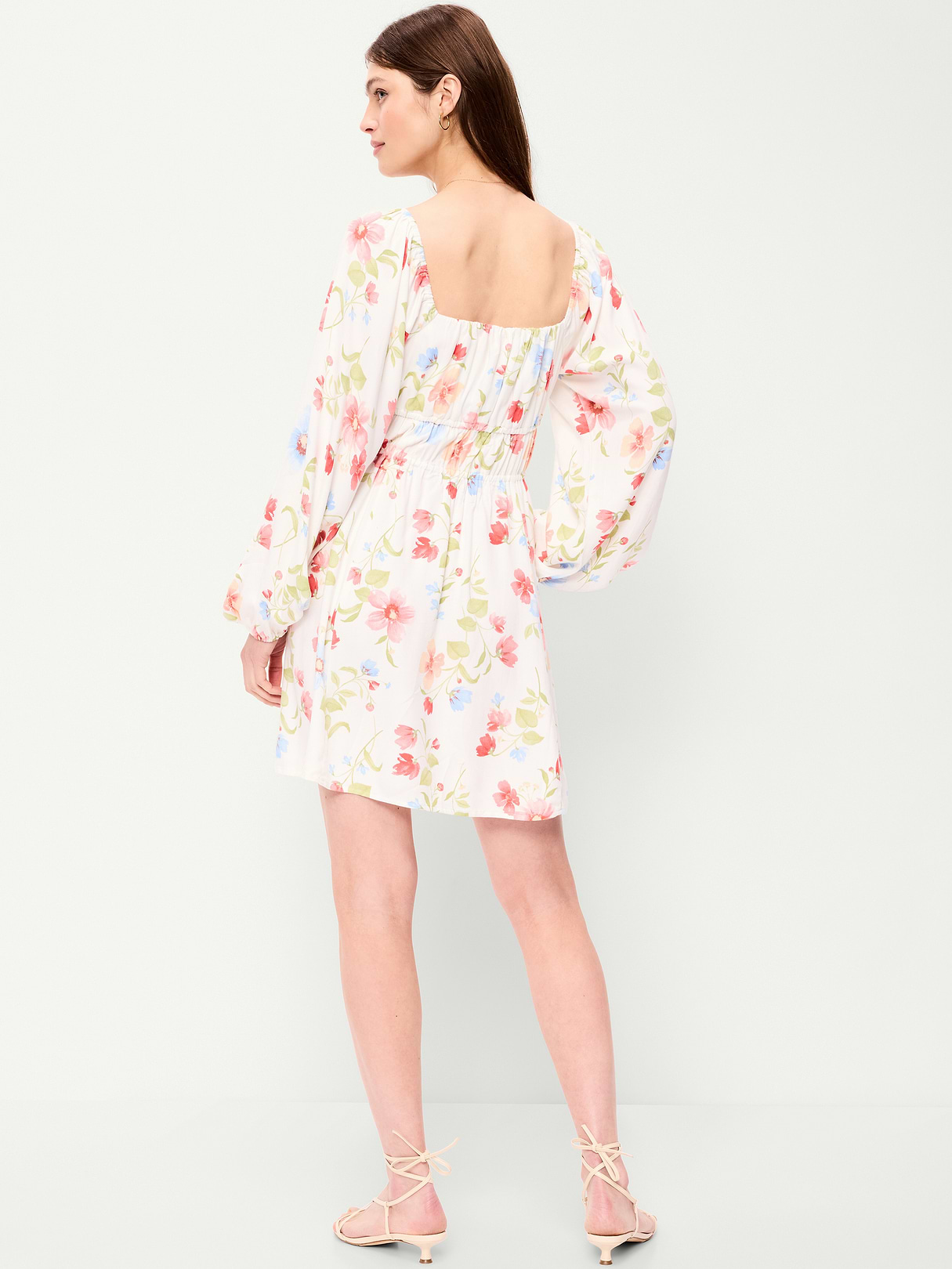Long-Sleeve Square-Neck Mini Dress - White Floral