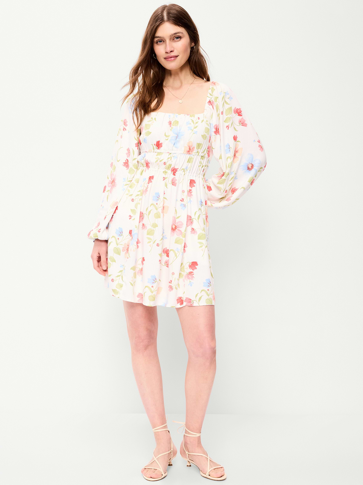 Long-Sleeve Square-Neck Mini Dress - White Floral