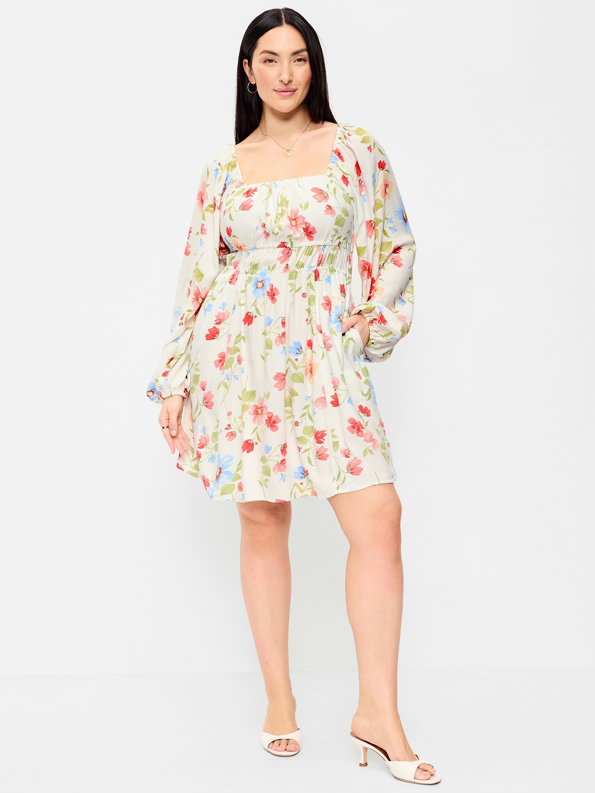 Long-Sleeve Square-Neck Mini Dress - White Floral