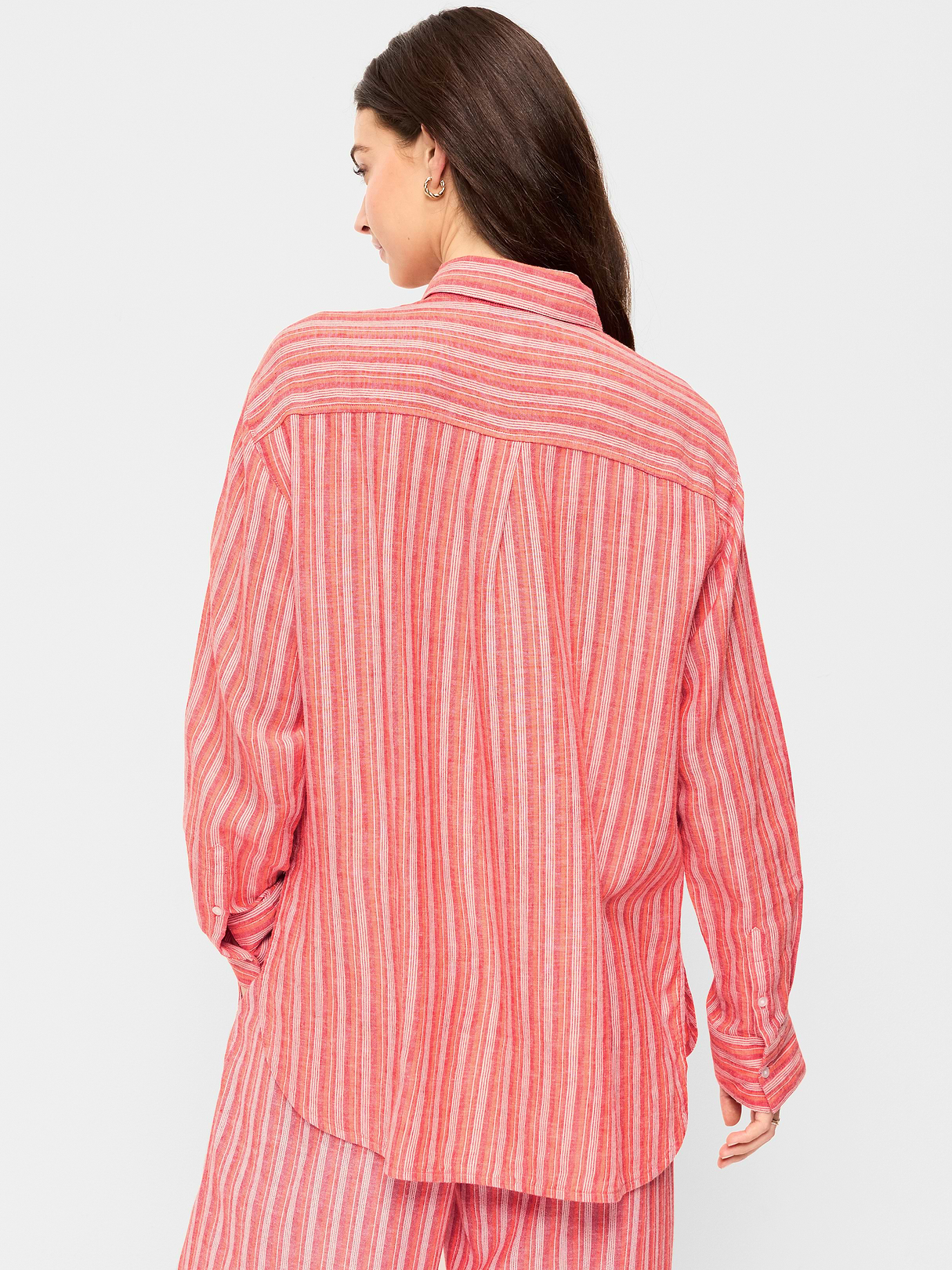Linen-Blend Loose Button-Down Shirt - Orange Stripe