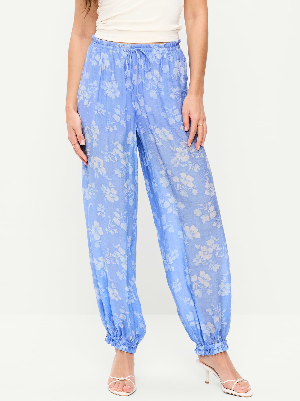 High-Waisted Sheer Chiffon Harem Pants - Blue Floral
