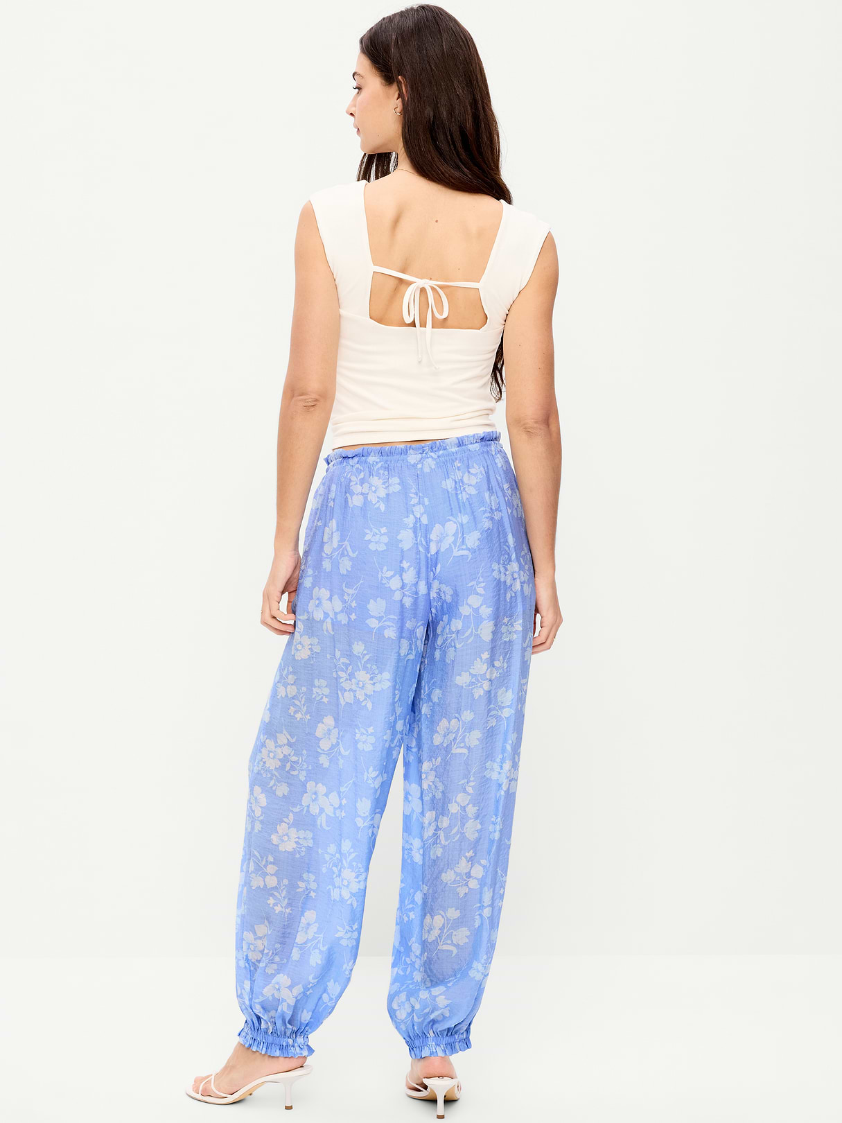 High-Waisted Sheer Chiffon Harem Pants - Blue Floral