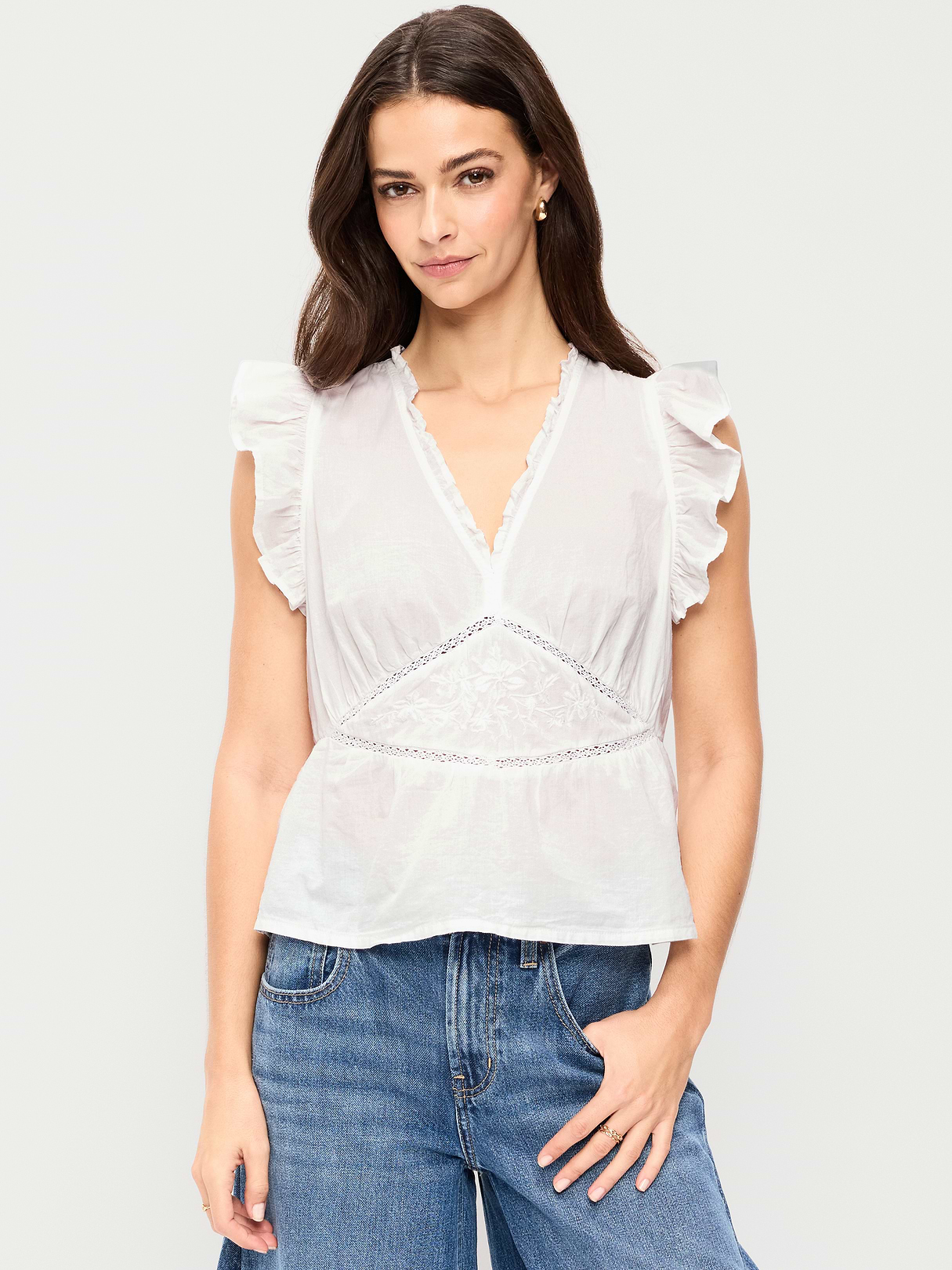 Flutter-Sleeve Embroidered Top - White Lilies