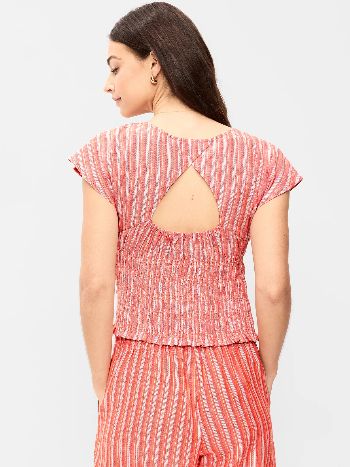 Linen-Blend Short-Sleeve Smocked Top - Orange Stripe