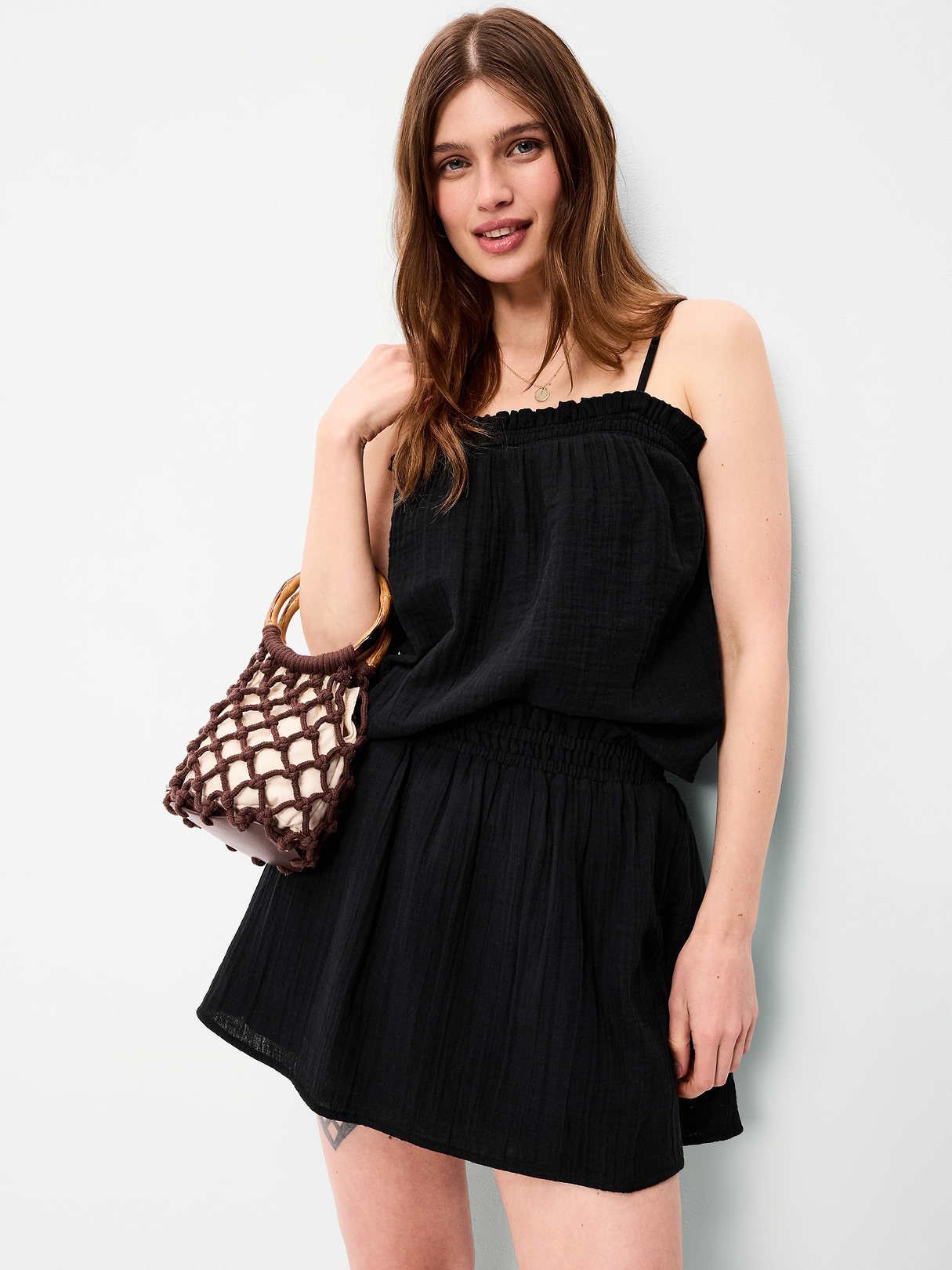 Crinkle Gauze Ruffle Waist Mini Skort - Black Jack