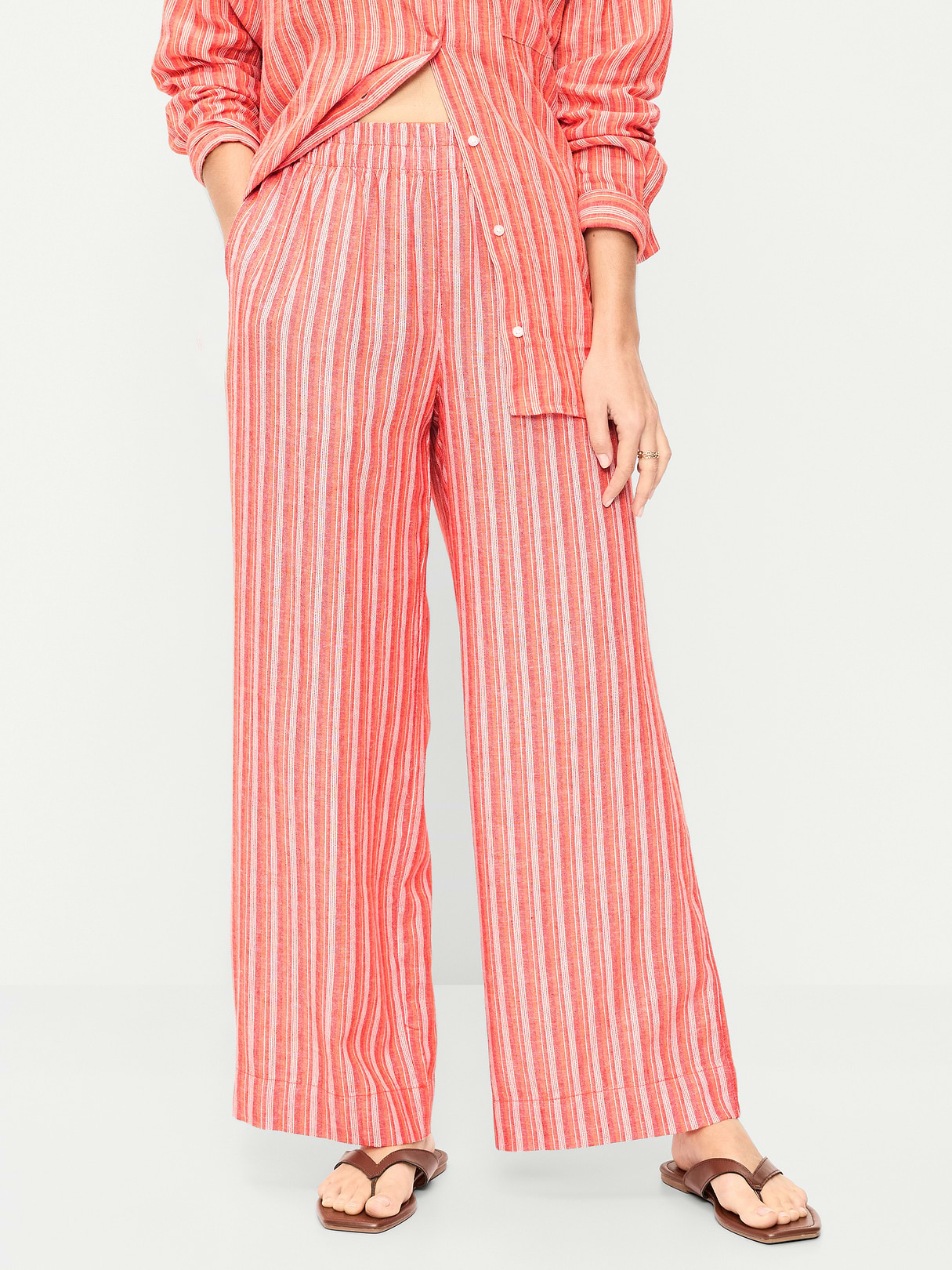 High-Waisted Linen-Blend Super Wide-Leg Pants - Orange Stripe