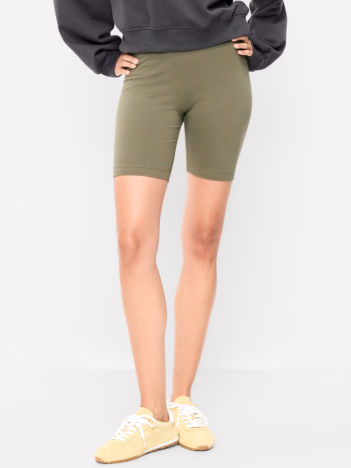 High-Waisted Cotton Biker Shorts -- 8-inch inseam - Stone Wall