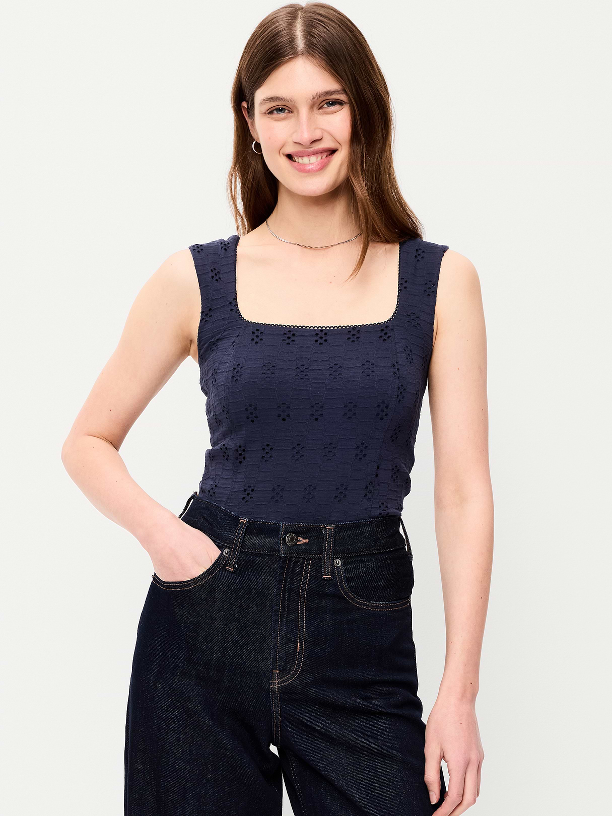 Seamed-Bodice Eyelet Tank Top - Arctic Depth