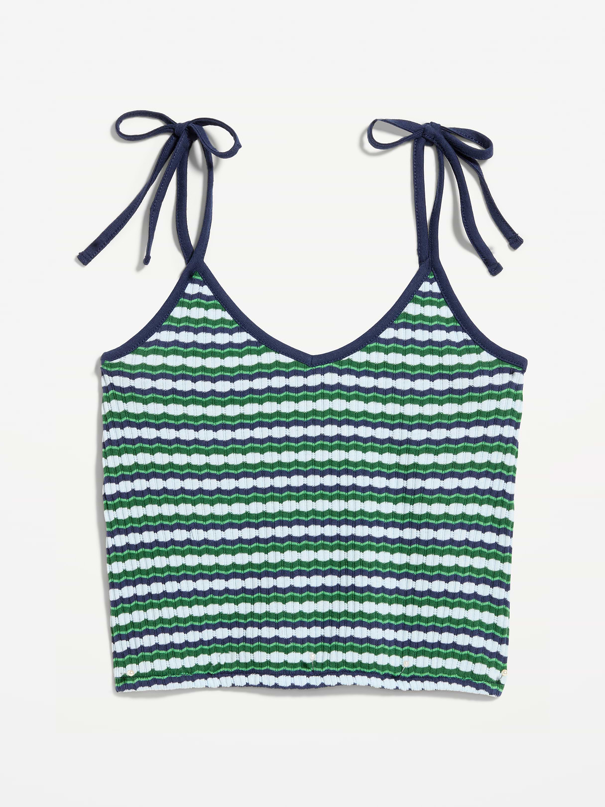 Sleeveless Pointelle Tie-Strap Tank Top - Green Blue Stripe