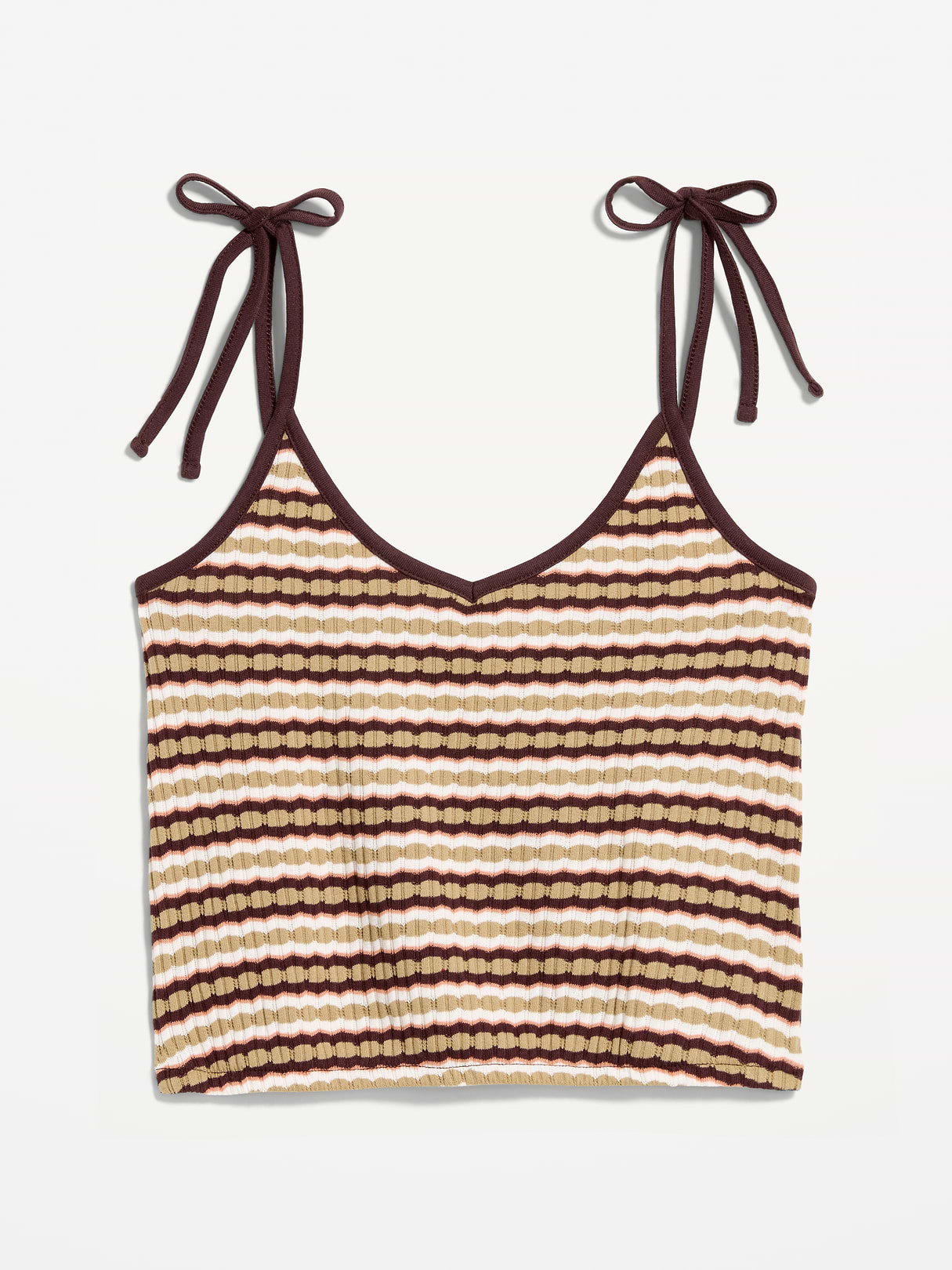 Sleeveless Pointelle Tie-Strap Tank Top - Khaki Orange Stripe