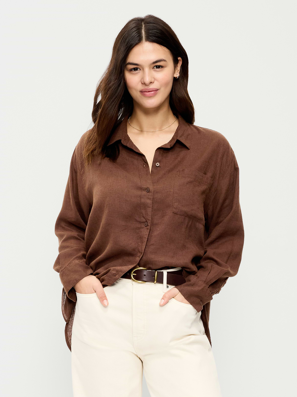 Linen-Blend Loose Button-Down Shirt - Peppercorn