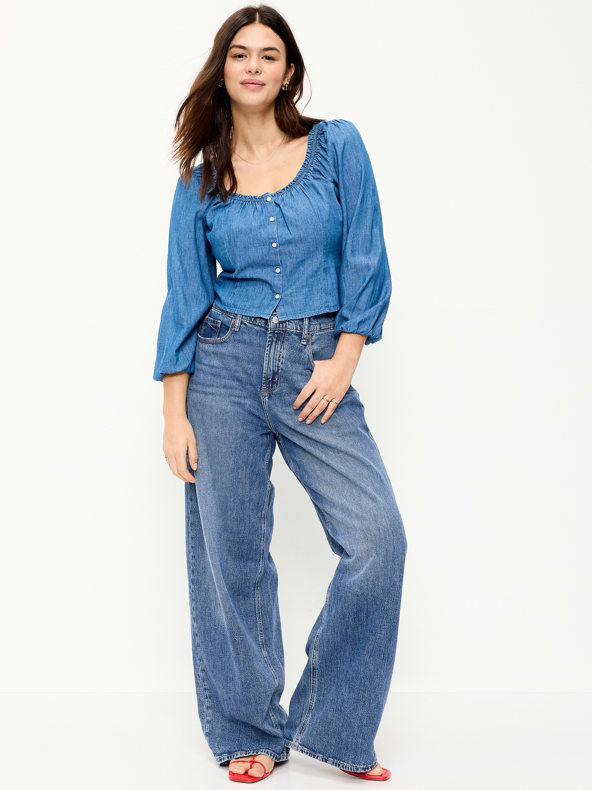 High-Waisted Baggy Wide-Leg Stretch Jeans - Larkspur