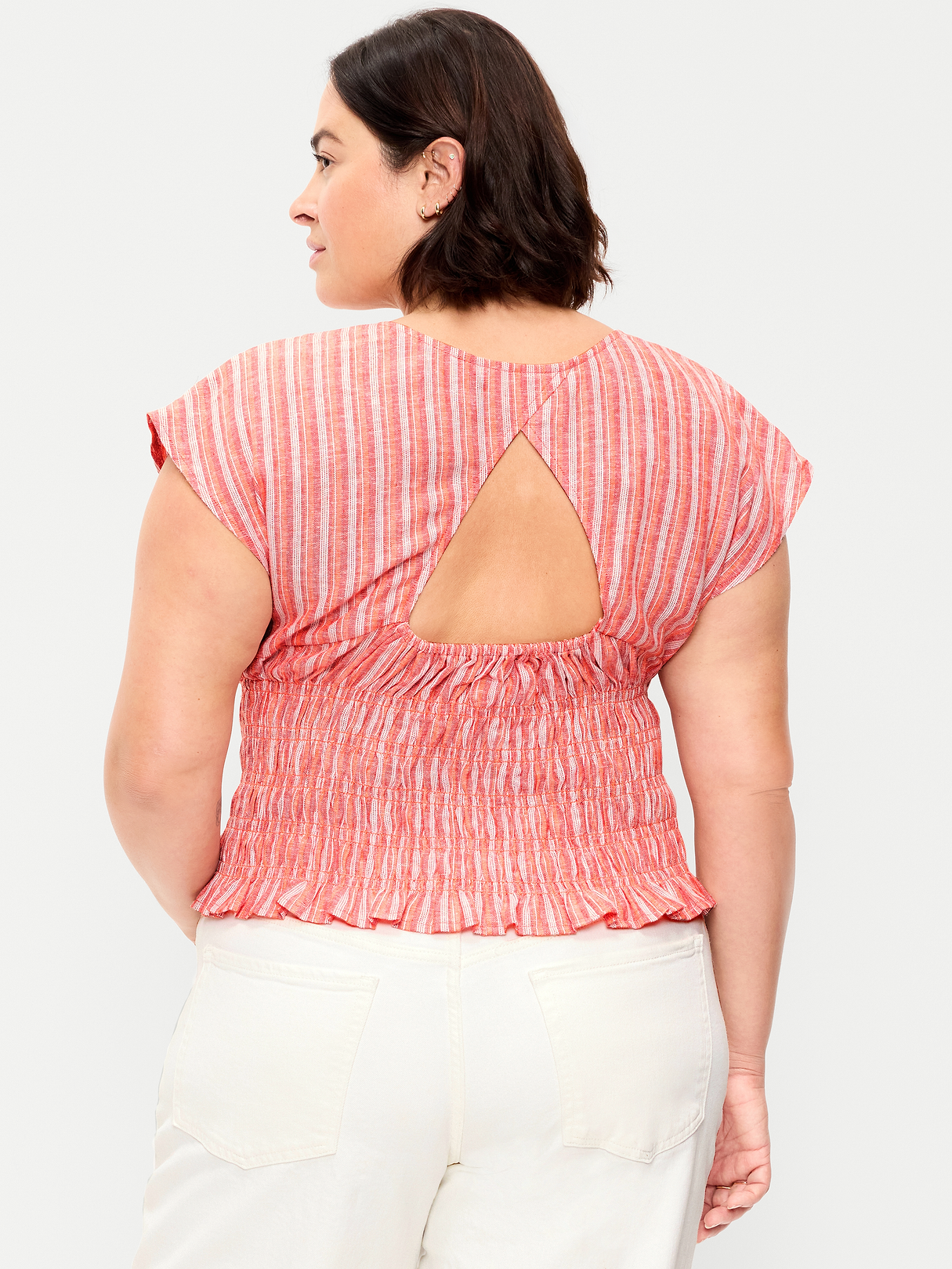 Linen-Blend Short-Sleeve Smocked Top - Orange Stripe