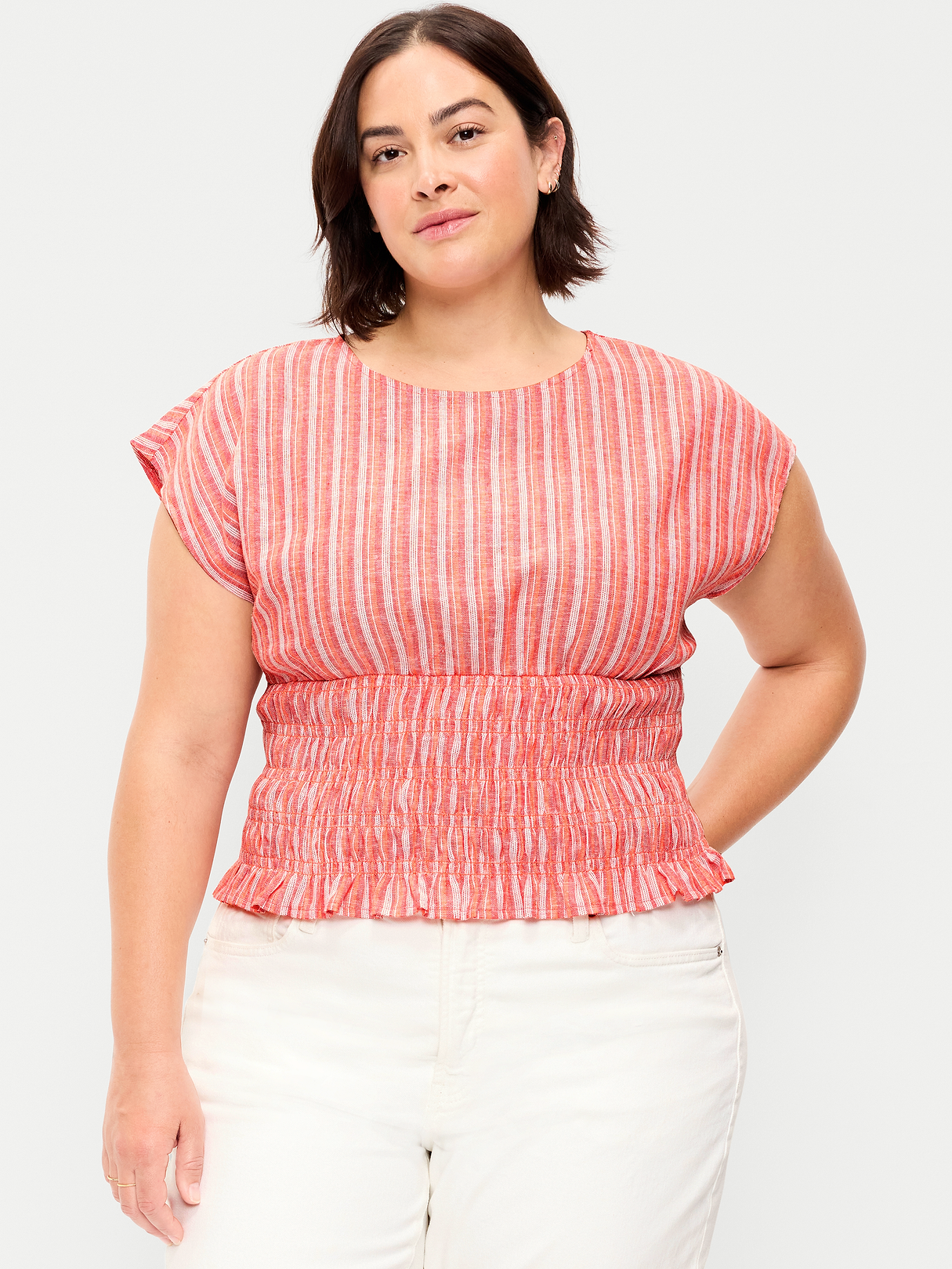 Linen-Blend Short-Sleeve Smocked Top - Orange Stripe