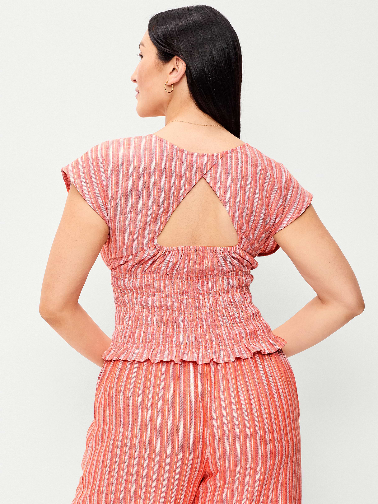 Linen-Blend Short-Sleeve Smocked Top - Orange Stripe