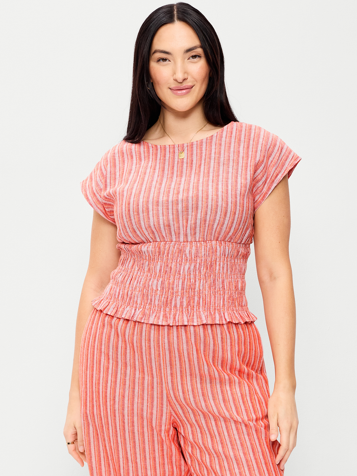 Linen-Blend Short-Sleeve Smocked Top - Orange Stripe