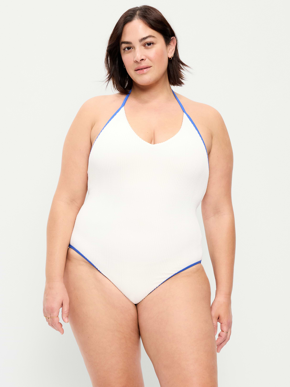 Pique V-Neck Halter Swimsuit - Sea Salt